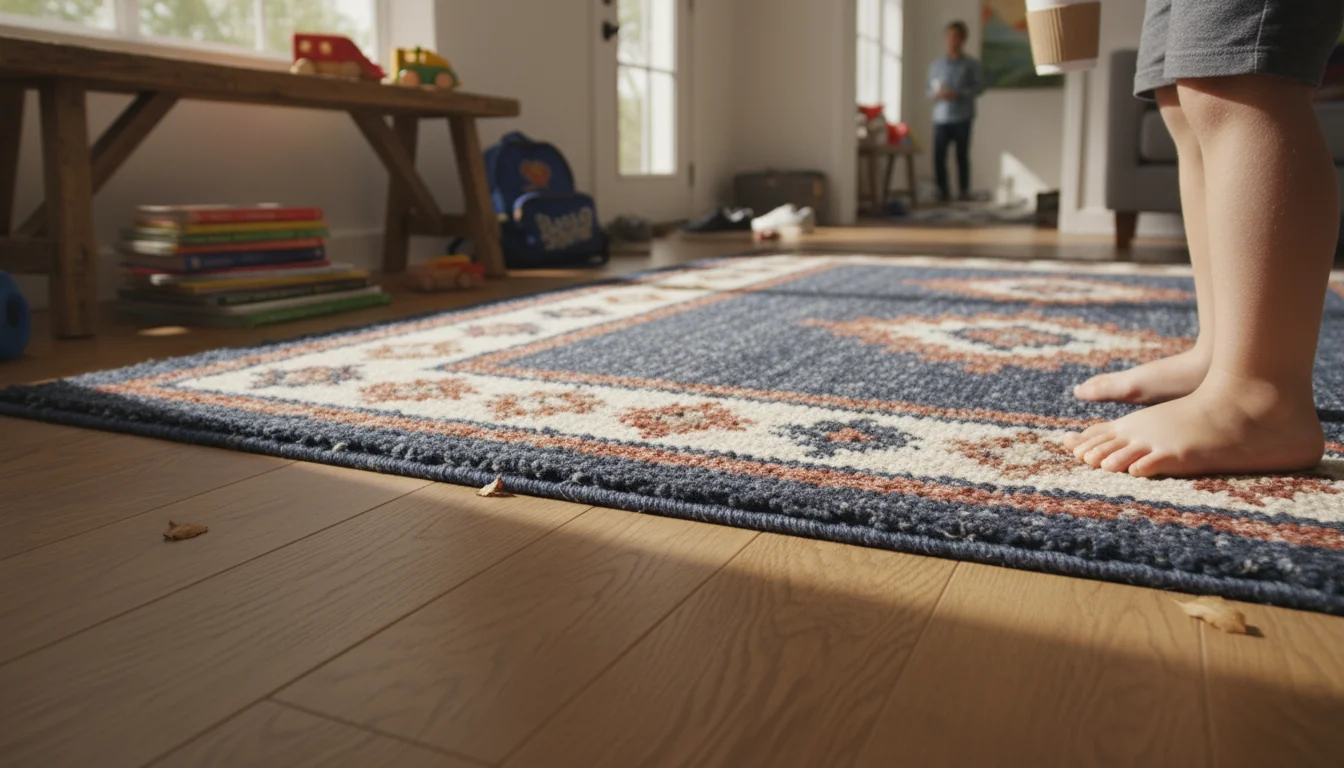 Low-angle view of a durable, medium-pile wool rug on hardwood, with a child's bare feet stepping onto its soft surface.