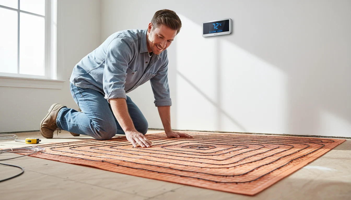 Low-angle view of electric radiant heating mats laid on a bathroom subfloor. A person kneels, touching a mat.