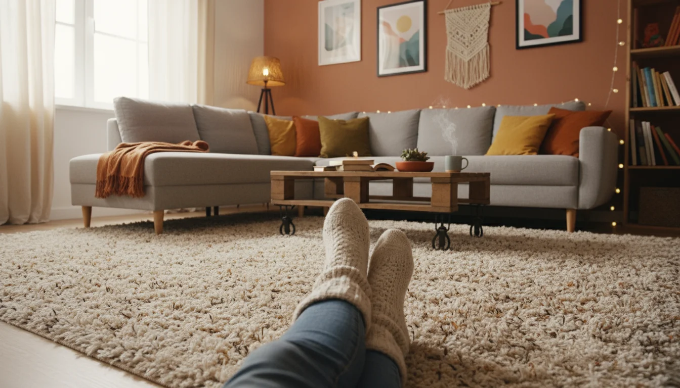 Low-angle view of feet in cream knit socks resting on a cozy, warm-toned area rug in a fall-lit living room.