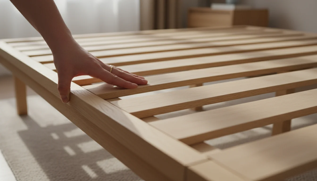 A close-up, low-angle view of a hand pressing down on the sturdy wooden slats of an empty bed frame base, showing its support.