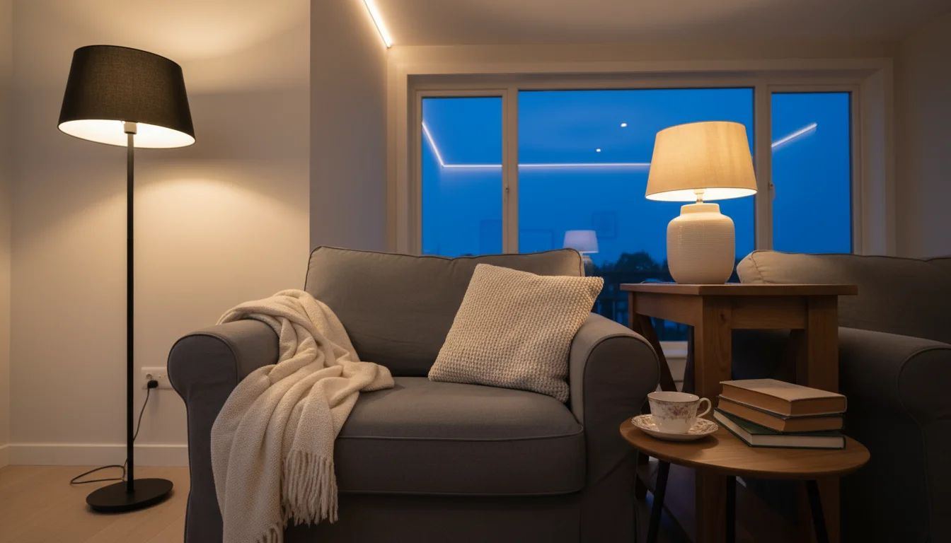 A wide-angle, low-angle shot of a living room at dusk, showing a floor lamp, table lamp, and recessed lights creating a warm, layered glow.