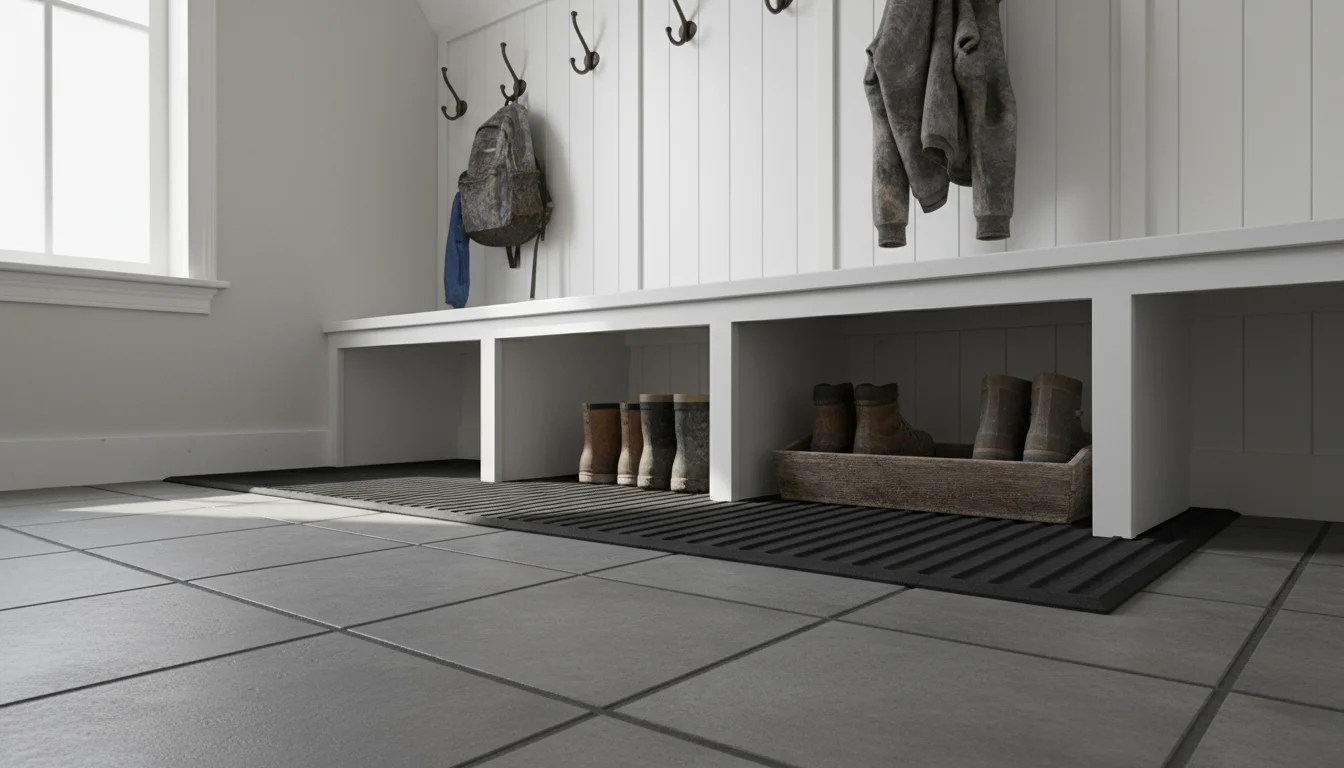 Low-angle view of a mudroom's durable materials: grey ceramic tile floor, heavy-duty mat, white painted wood bench with black hooks, rain jacket, and 