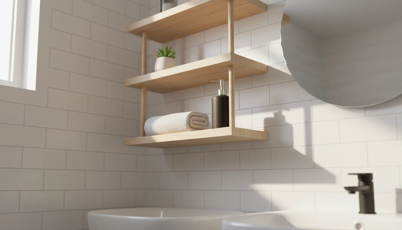 Low-angle view of narrow, wall-mounted floating shelves in a small, bright bathroom, holding a succulent, rolled towel, and soap.