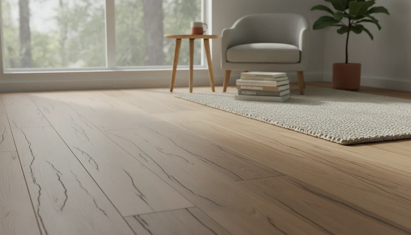 Low-angle view of natural-toned engineered wood flooring, showing its varied grain, leading to a cozy reading nook with a textured rug and neatly stac