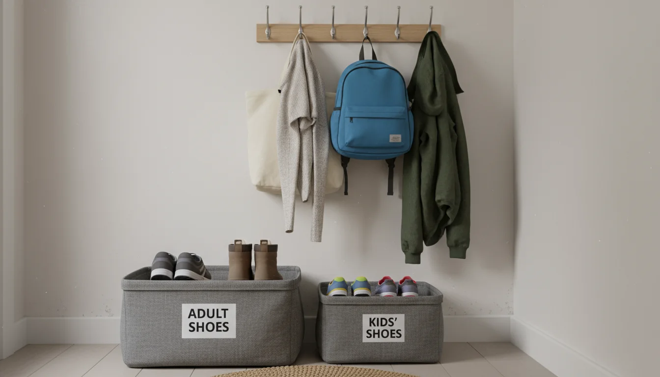 Low-angle view of an organized entryway with practical, budget-friendly storage: fabric bins for shoes, hooks holding bags, a child's backpack, and a 