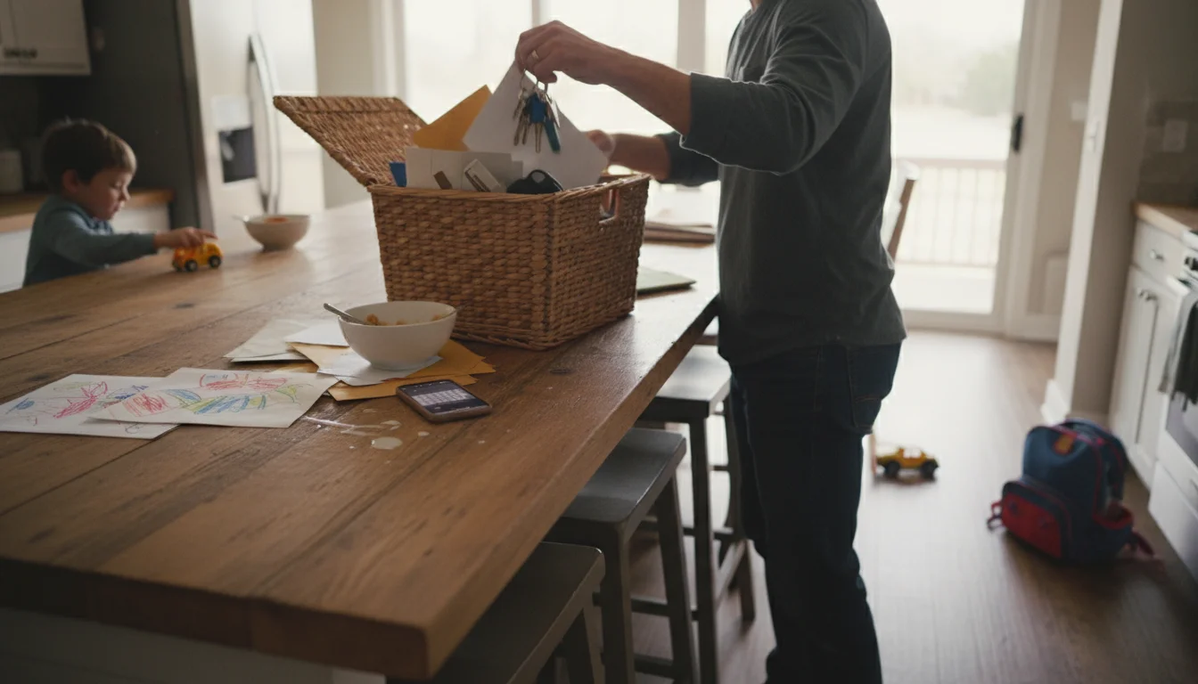Low-angle shot of a parent quickly tidying a cluttered kitchen island with mail, keys, and papers, in a warm, lived-in home.