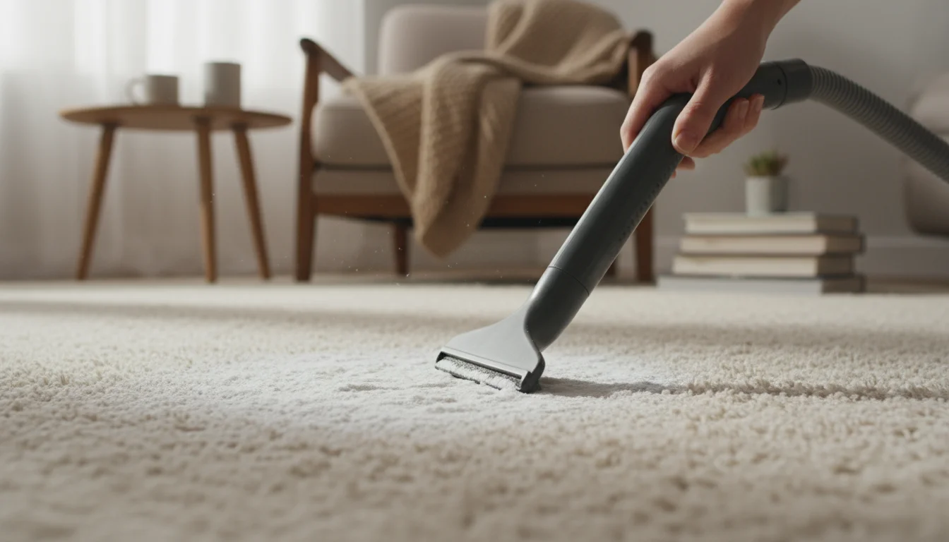 Low-angle shot of a person's hand with a vacuum crevice tool, poised over light carpet sprinkled with baking soda for odor absorption.