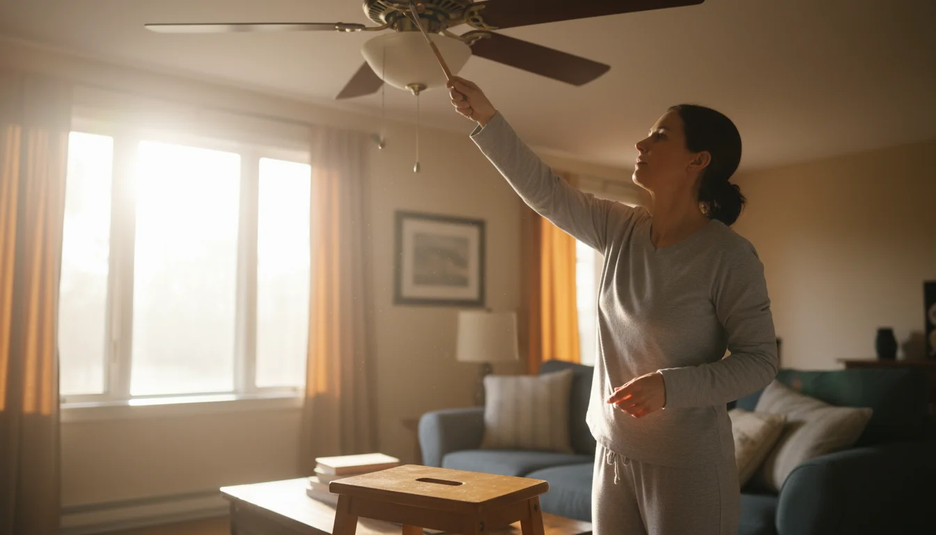 Low-angle view of a person on a step stool carefully wiping a dusty ceiling fan blade with a cloth in a sunlit living room.