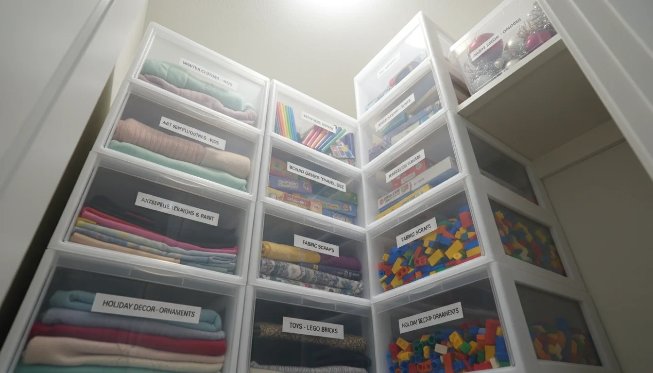Low-angle shot showing clear plastic storage bins stacked high, almost to the ceiling, in a closet corner, filled with labeled family items.