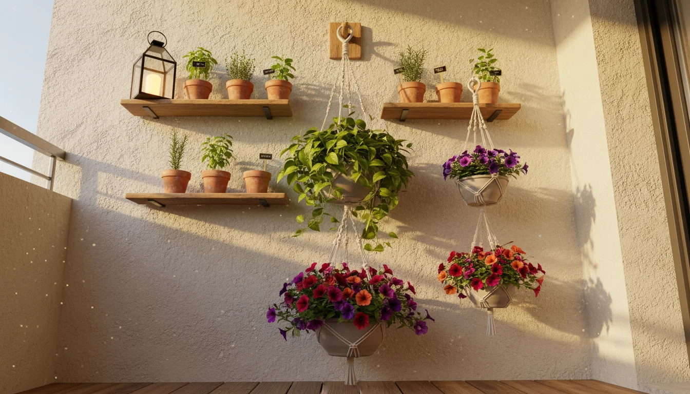 Low-angle view of a small balcony wall with tiered hanging plants, wall shelves holding potted herbs, and a railing planter.