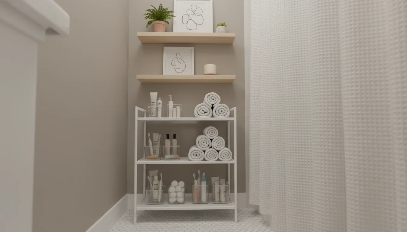 Low-angle view of a small, organized bathroom corner featuring a white over-the-toilet storage unit, floating wooden shelves, and a shower caddy.