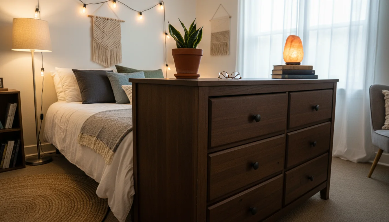 Low-angle shot from a studio apartment sleeping nook. A dark wood dresser divides the bed from a bright living area, holding a lamp and folded blanket