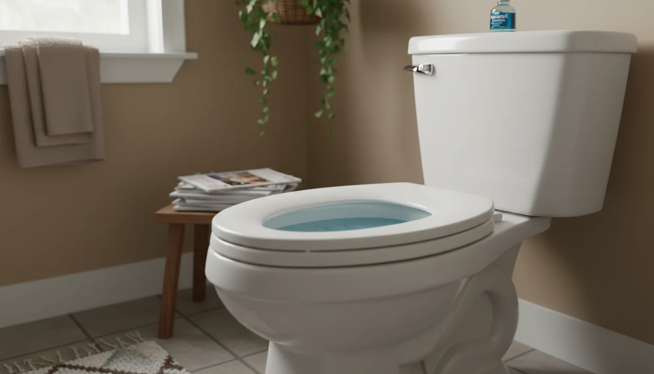 A slightly low-angle view of a toilet bowl with faintly blue-tinted water, indicating a leak. A bottle of food coloring is on the tank.