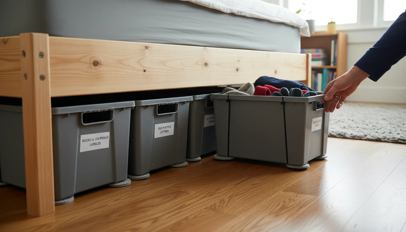 Low-angle view under a bed shows organized plastic crates on sliders. A hand pulls out a crate with yarn; others hold shoes.
