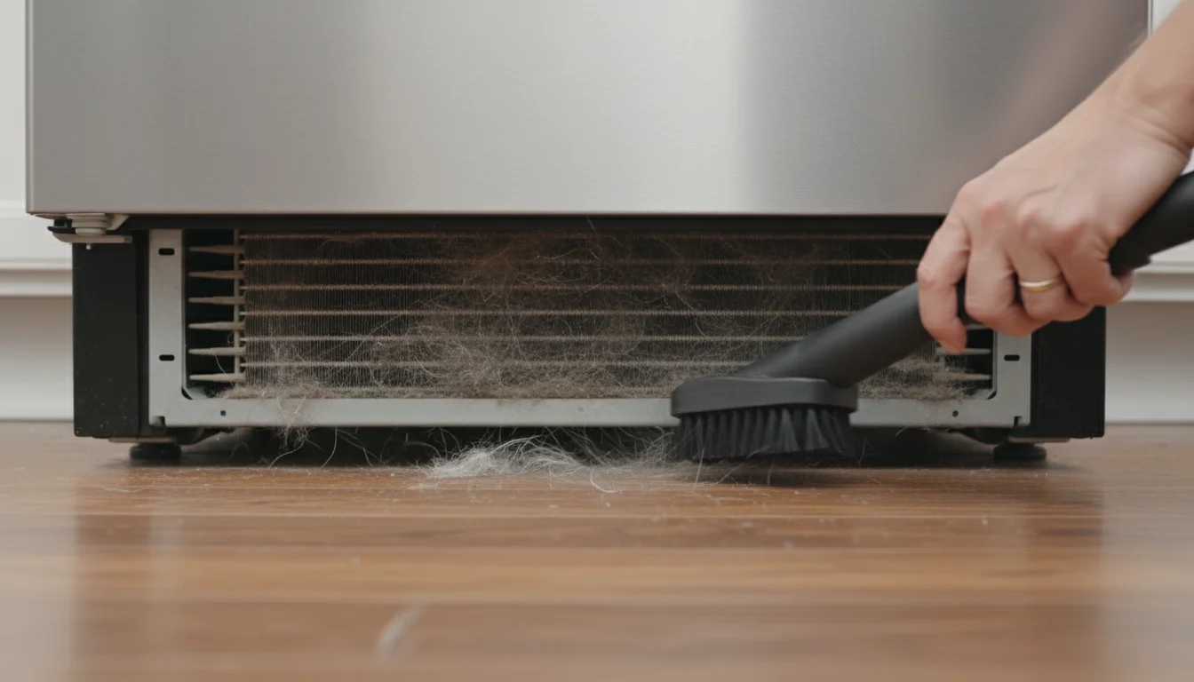 Low-angle view under a refrigerator showing dusty condenser coils being cleaned by a hand holding a vacuum brush attachment.