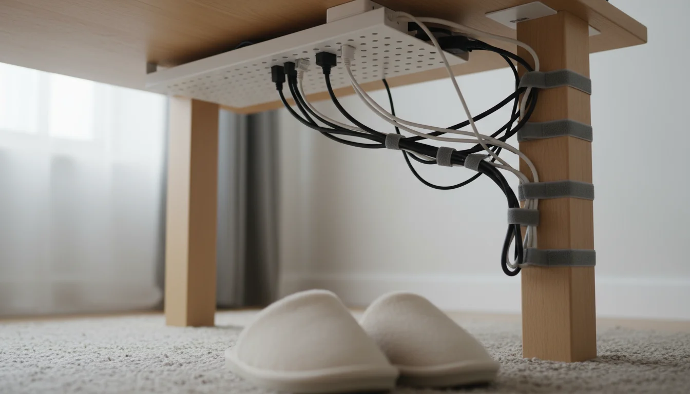 A low-angle view under a wooden desk showing neatly organized cables bundled with Velcro straps, secured in a white management tray. A person's feet i