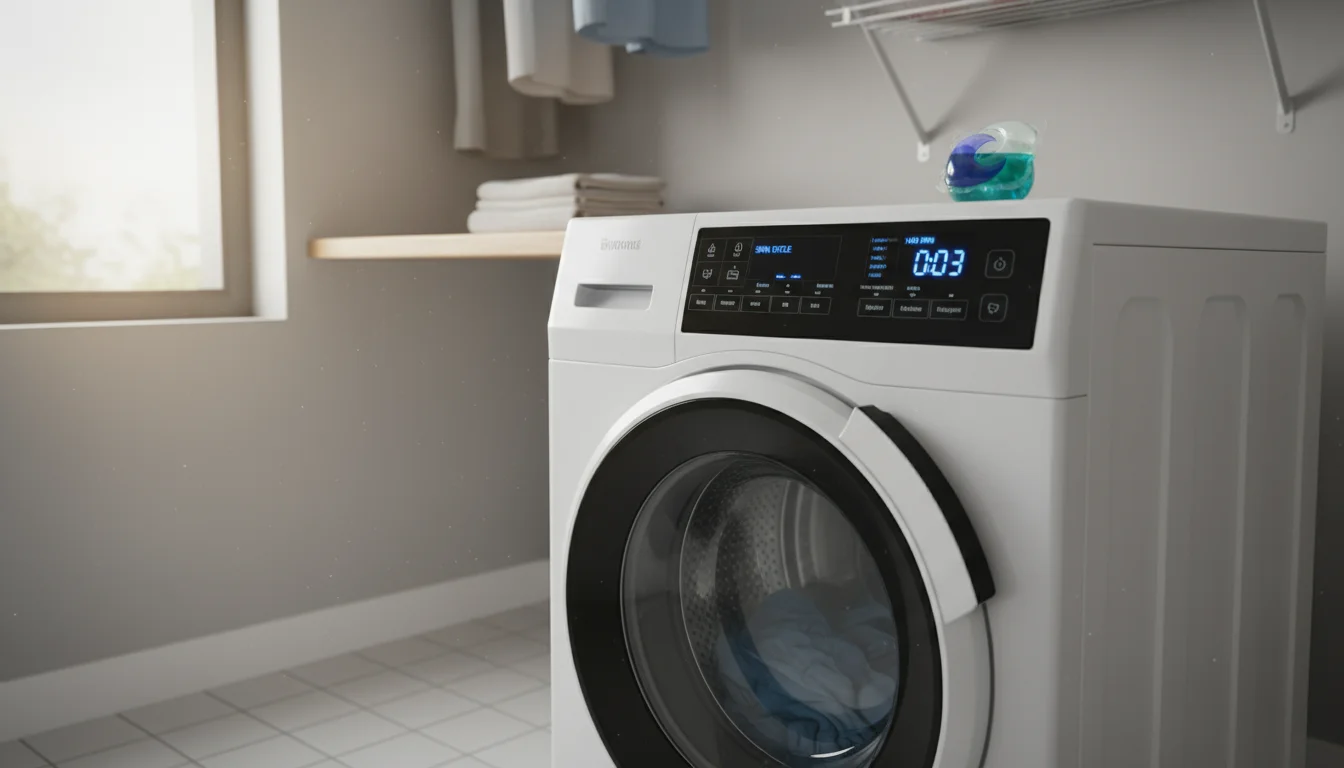 A low-angle view of a white front-loading washing machine's digital control panel showing a high spin cycle setting and a detergent pod on top.