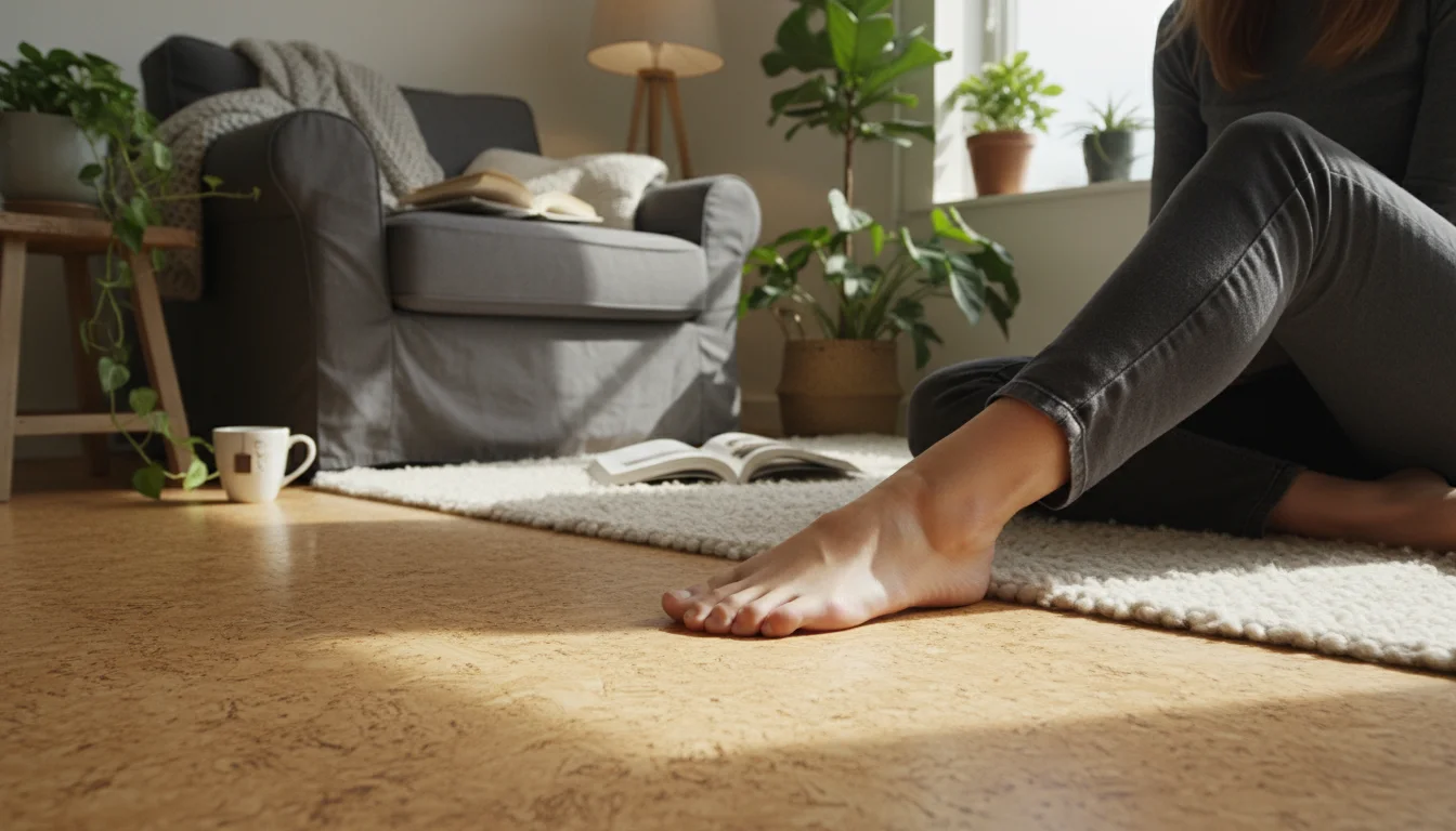 Low-angle shot of a woman's bare feet resting on warm-toned cork flooring next to a woven rug in a sunlit room.
