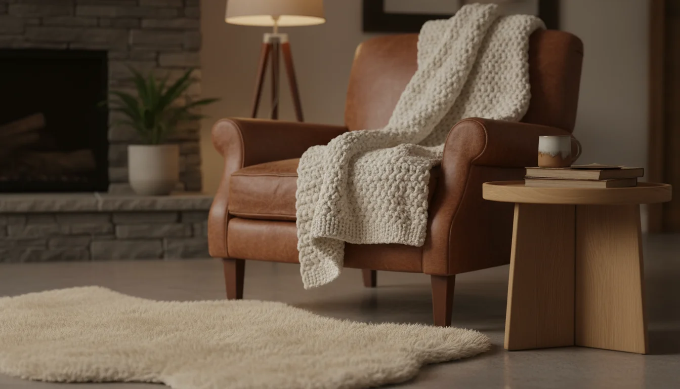 Low shot showing a cream sheepskin rug, a brown leather armchair with a chunky knit throw, a wooden side table with a metal lamp, and a woven basket.