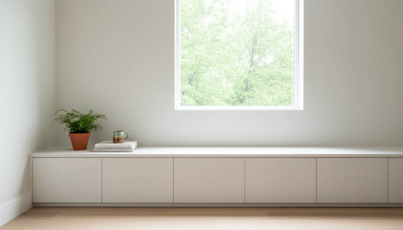 A low, custom-look built-in console under a studio window, painted to match the wall, showcasing seamless hidden storage.