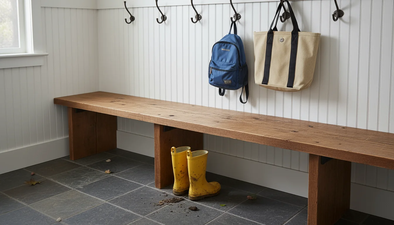 Low shot of mudroom bench with white beadboard, slate floor, and muddy kids' boots, showing durable, easy-clean design.