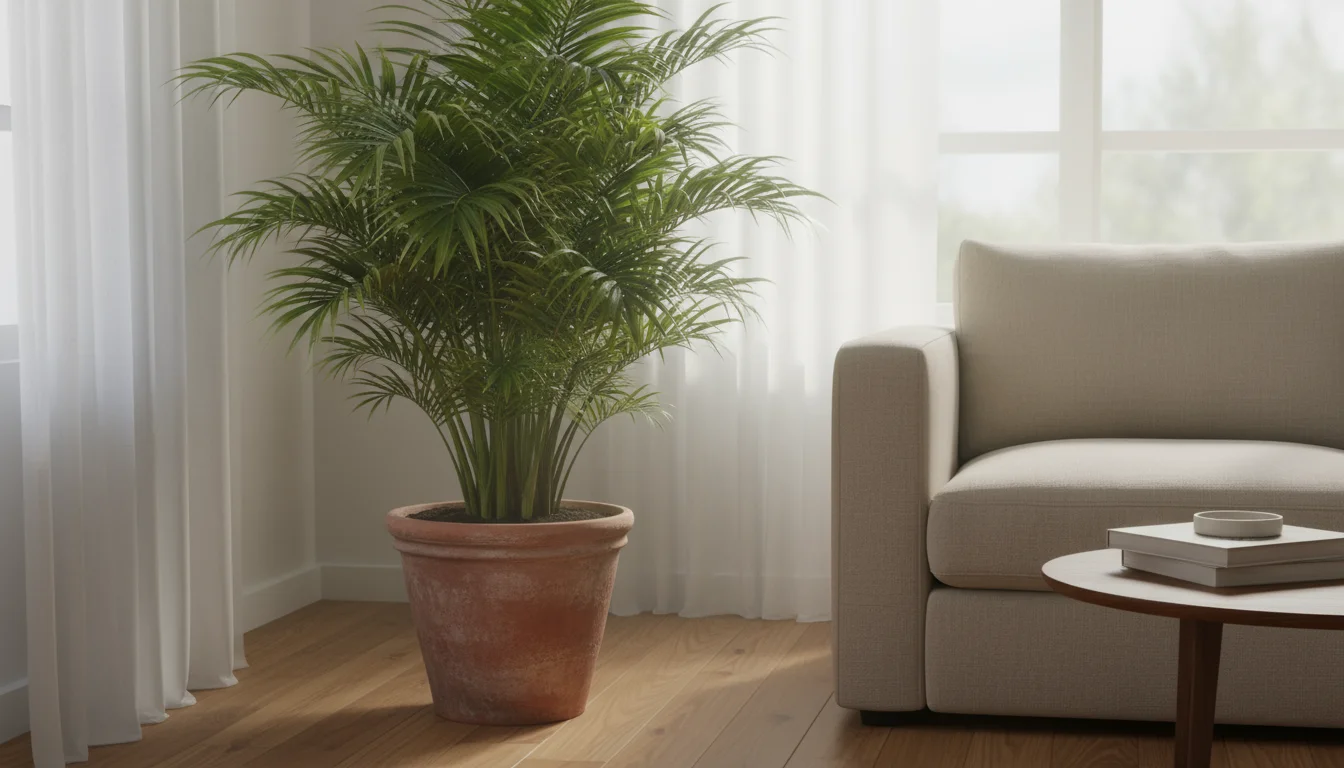 Lush Areca Palm in a terracotta pot in a sunlit living room corner, casting gentle shadows.