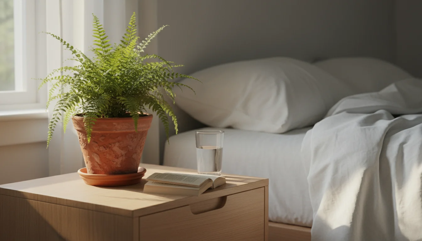 A lush Boston Fern in a terracotta pot on a light-wood nightstand next to a bed with white linen sheets, a book, and a glass of water.