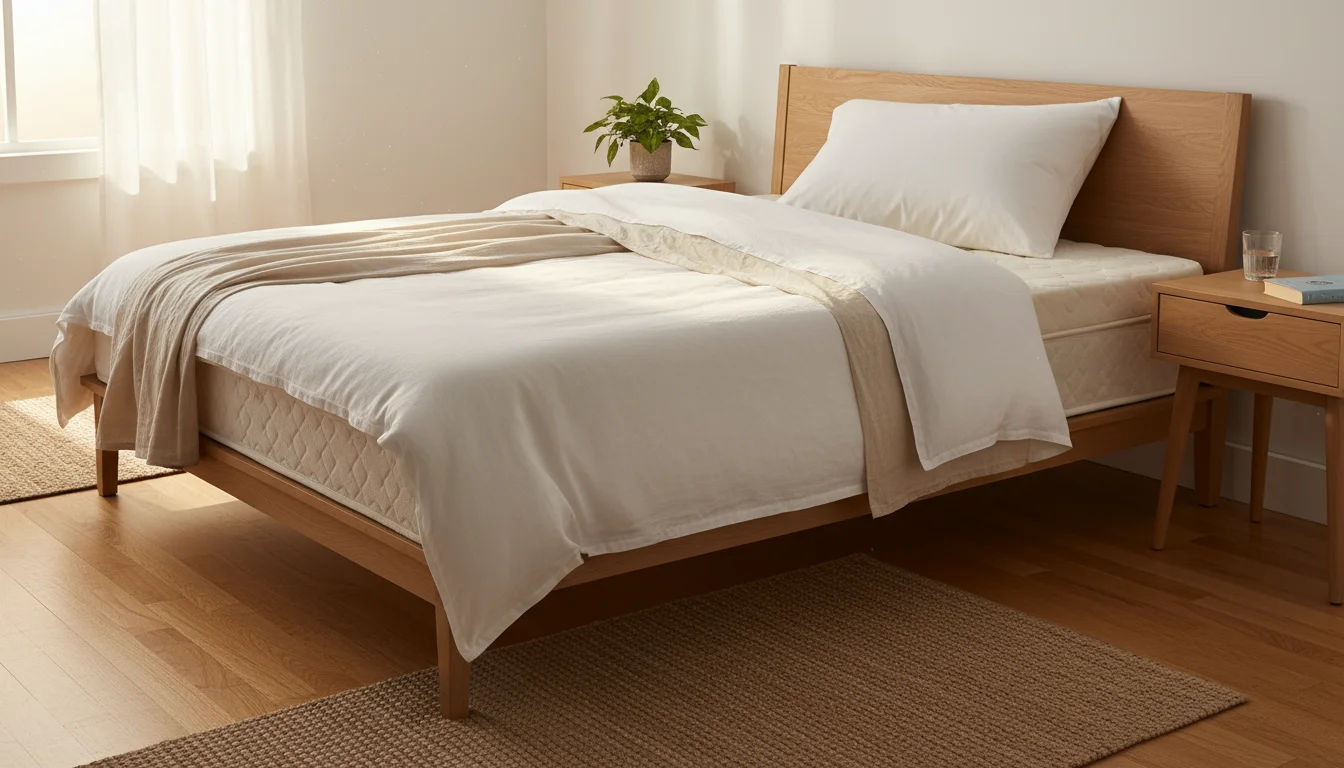 A neatly made bed with crisp, neutral linens and a supportive pillow in a bright bedroom, hinting at a firm mattress.