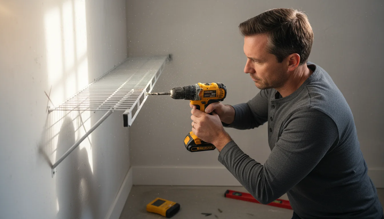 Man drilling wire shelving top track into a light gray closet wall, with a stud mark visible and tools on the floor. DIY installation.