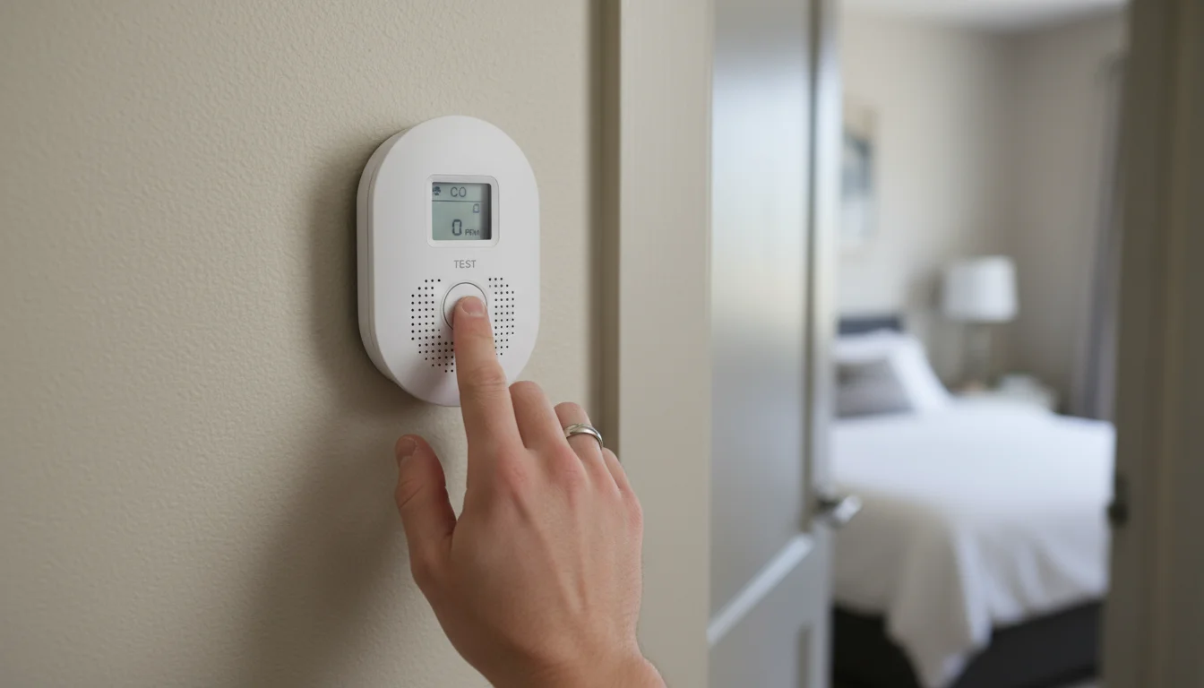 Close-up of a man's hand pressing the test button on a white carbon monoxide detector mounted on a neutral wall near a bedroom door.
