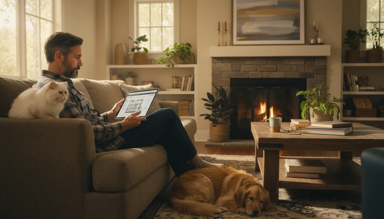 A man in a plaid shirt sits on a cozy sofa, looking at a tablet, with a golden retriever sleeping at his feet.