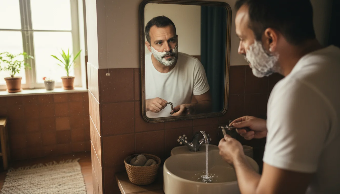 Man shaving in a bathroom, rinsing his razor in a shallow pool of water in the sink basin. The faucet is off.