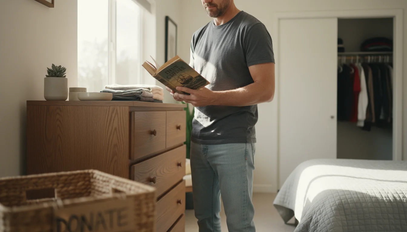 A man thoughtfully examines a paperback book in his hands in a bright bedroom, with a 'donate' basket nearby.