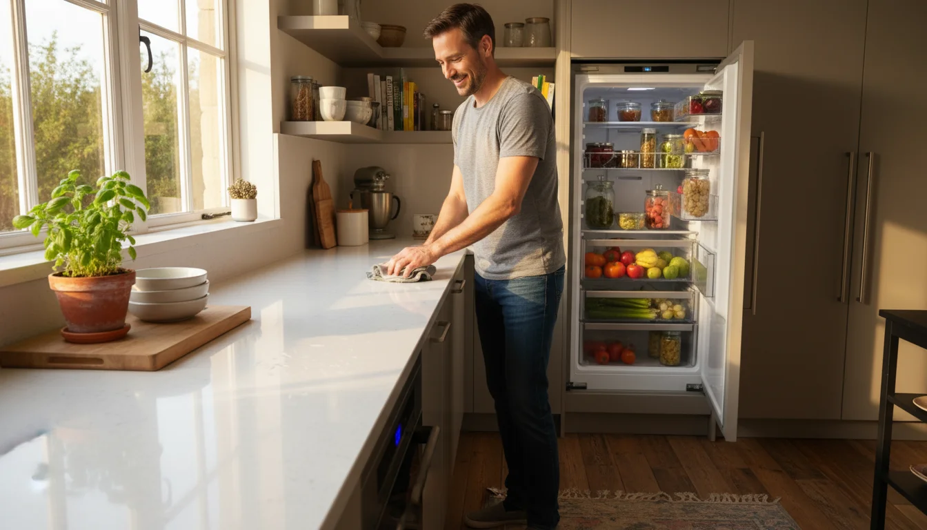 A man wipes a kitchen counter next to a modern stainless steel dishwasher. An open refrigerator shows organized produce.
