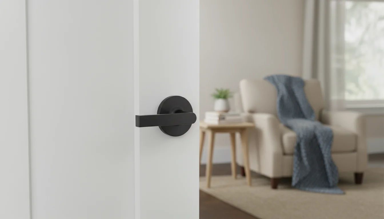 Matte black door lever on a white interior door, slightly open to a cozy, organized living room with an armchair.