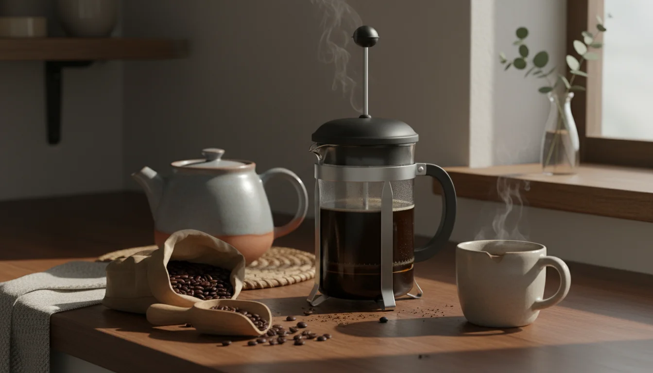 A matte black French press, a rustic ceramic teapot, and a mug on a kitchen counter, with whole coffee beans and loose-leaf tea in morning light.