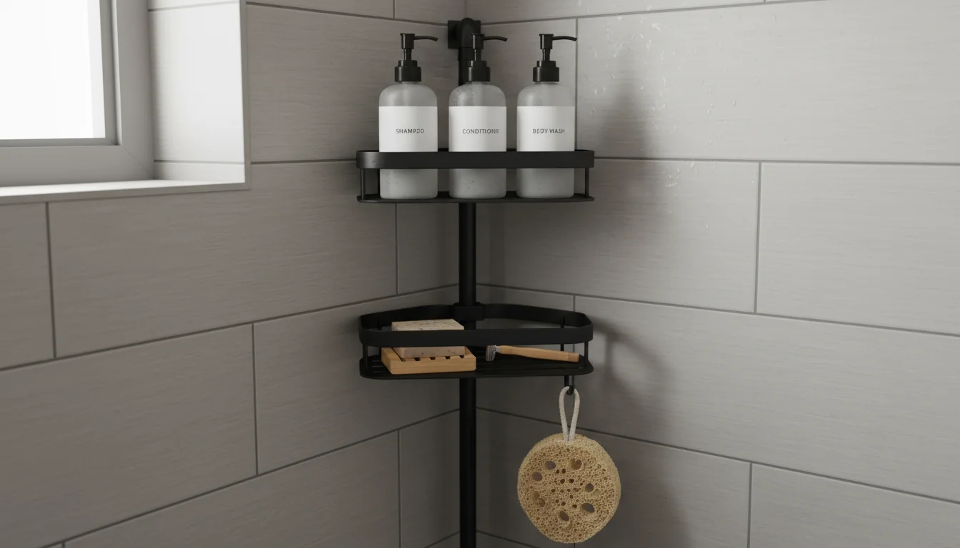 Matte black tension-rod shower caddy holding toiletries in a clean, light grey tiled shower corner.