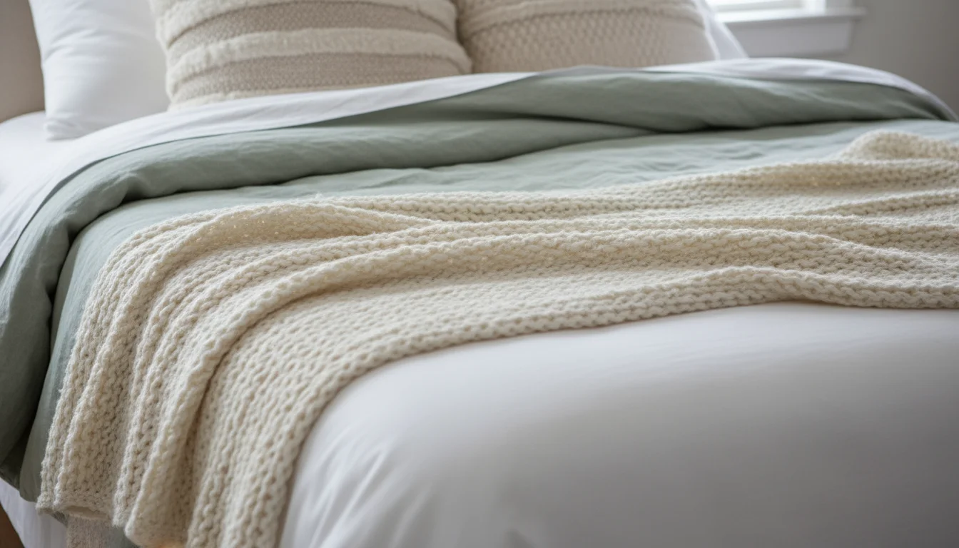 Medium-close shot of the bed's foot with layered textiles: a cream chunky knit throw over a sage green linen duvet and white sheets.