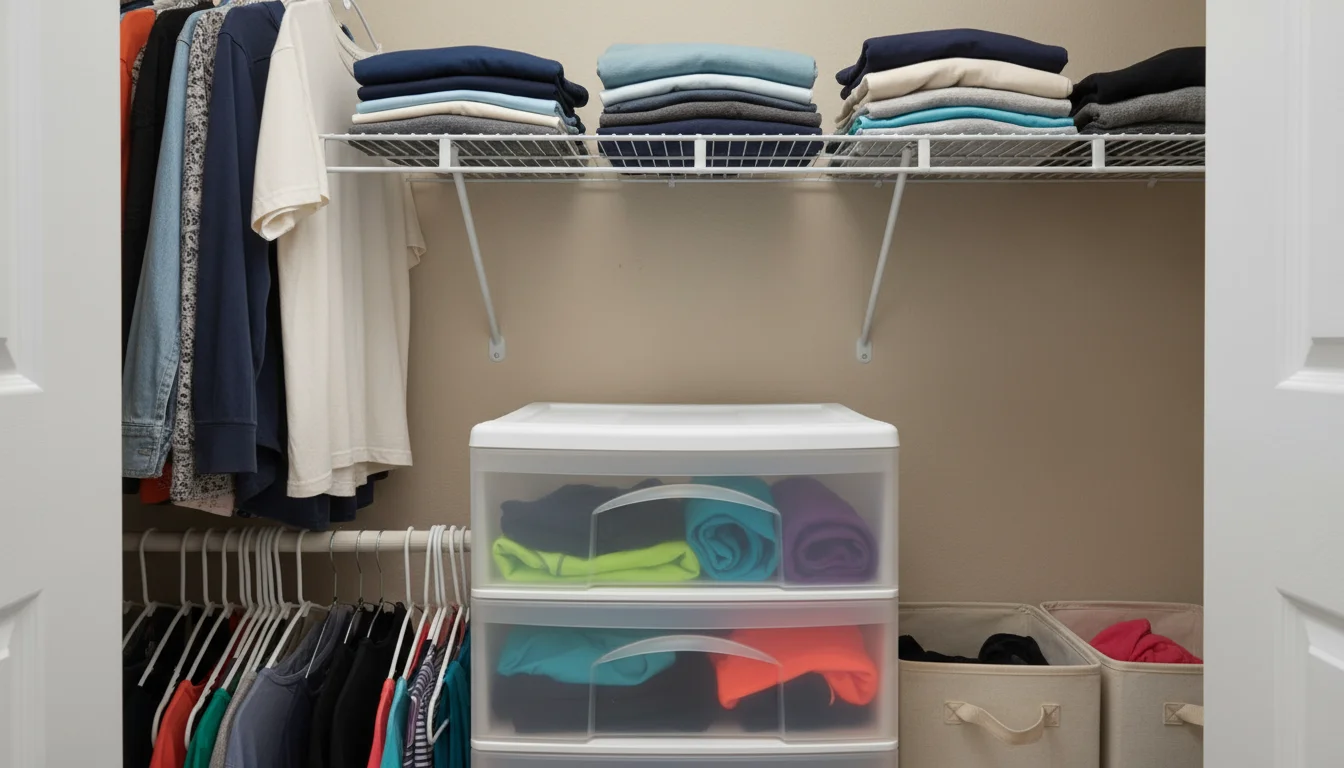 Medium-close-up of a family closet's vertical storage: adjustable wire shelf, clear stackable drawers with workout gear, and fabric bins.