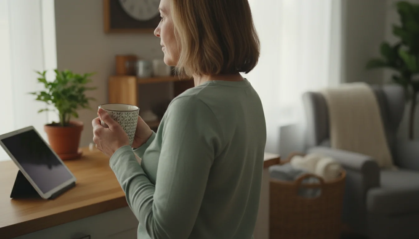 Medium-close shot of a woman in a cozy home, holding a mug and looking thoughtfully at a tablet, surrounded by soft light and practical organization.
