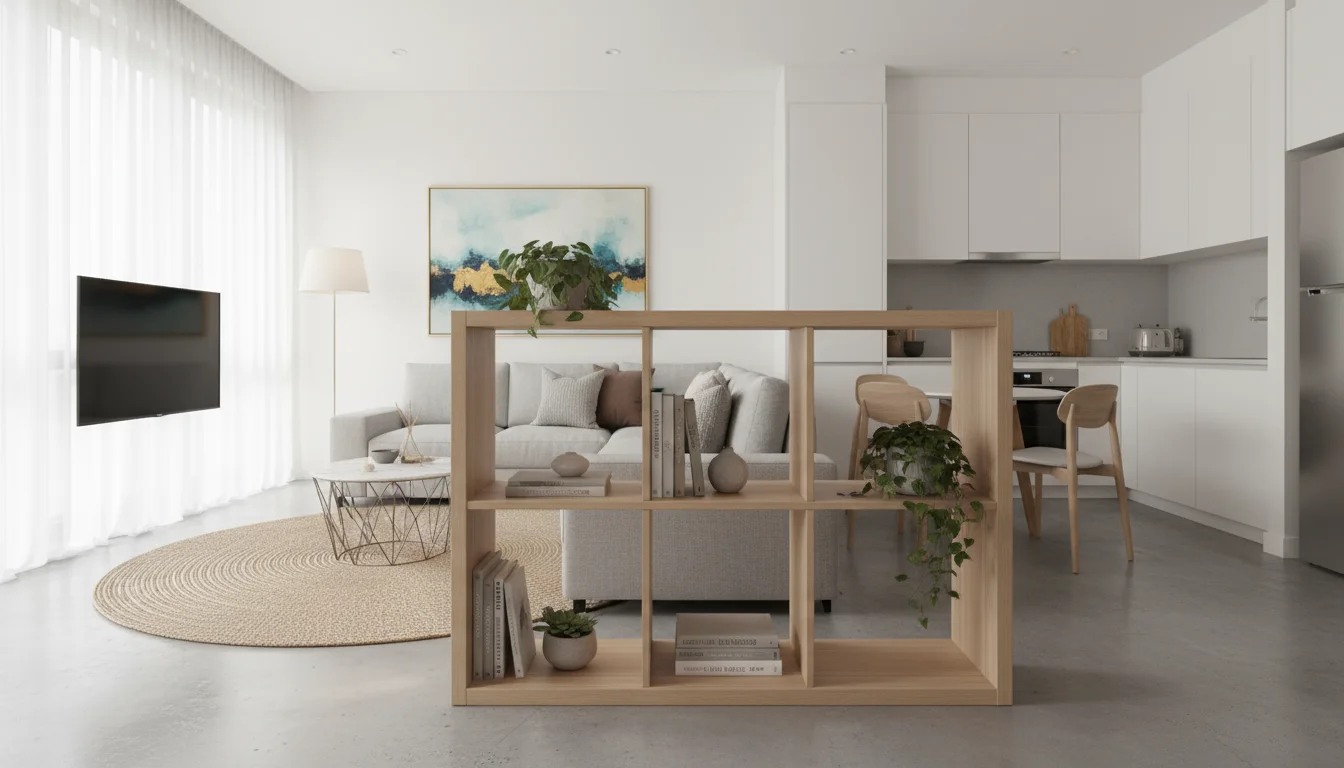 A medium-height wooden bookshelf, decorated with plants and books, strategically blocks the view to a bed in a bright studio apartment, creating priva