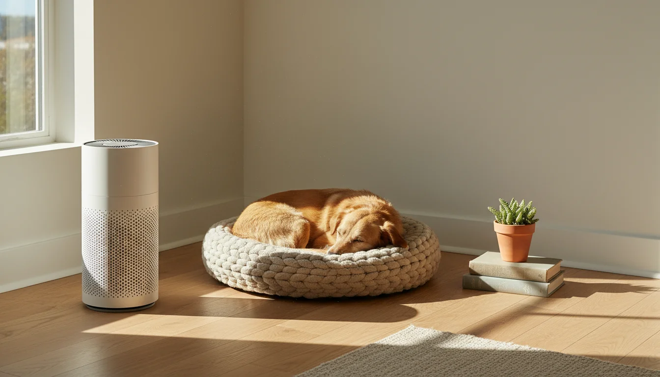 A medium-sized, short-haired dog sleeps soundly in a woven bed, bathed in sunlight, next to a modern white air purifier in a cozy living room corner.