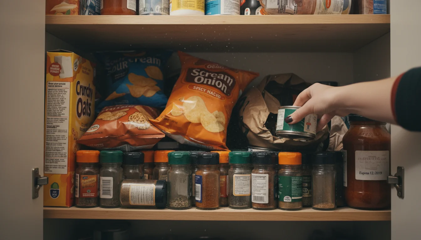 A messy kitchen pantry with shelves overflowing with disorganized food items, including half-empty boxes and an expired jar, as a hand reaches in.