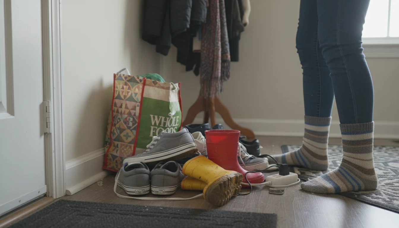 A messy pile of shoes and a fabric tote bag on an entryway floor, with a person's sock-clad feet navigating around them.