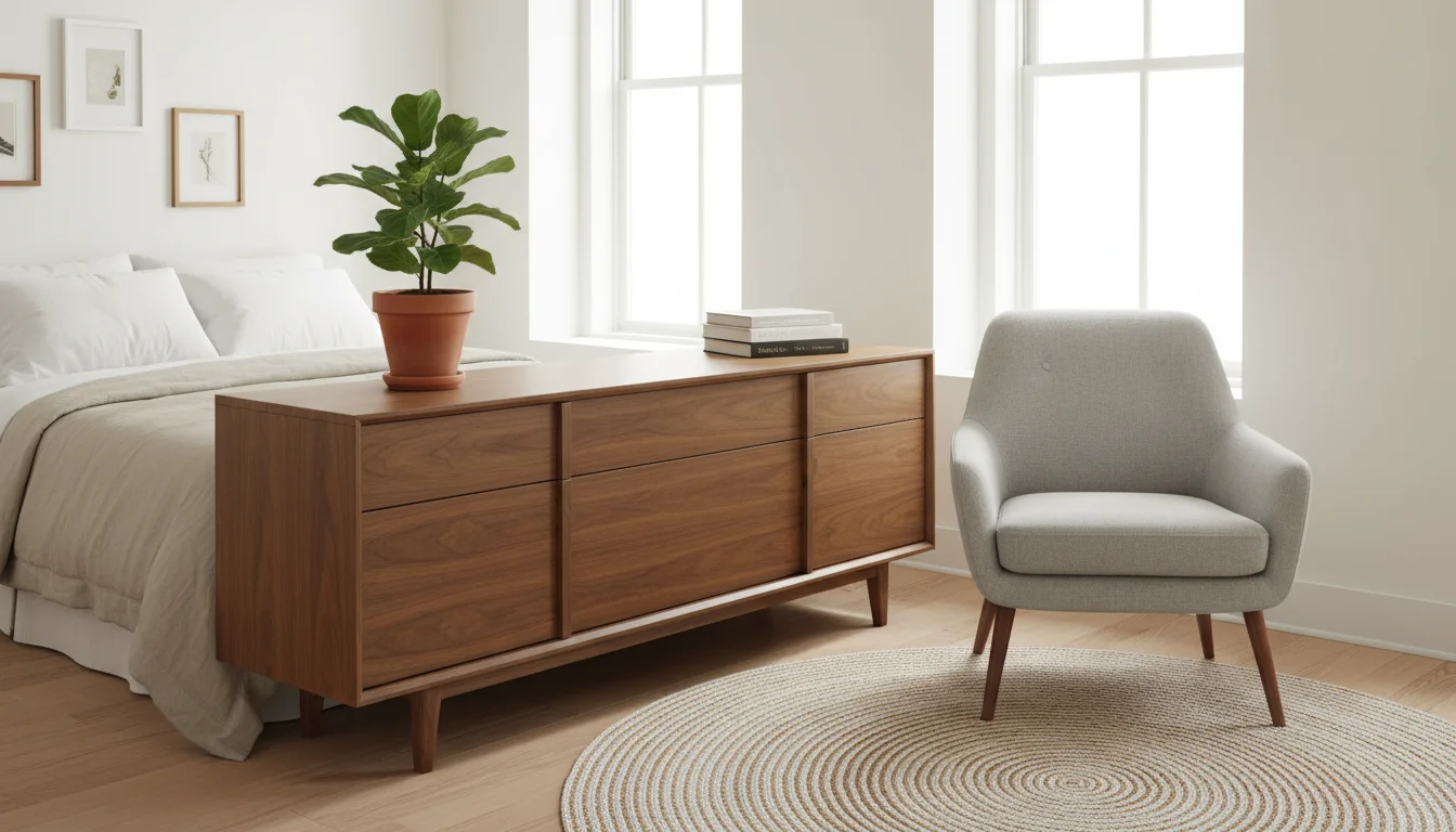 Mid-century wooden credenza dividing a studio apartment's sleeping area from a living space, with a plant and books on top.