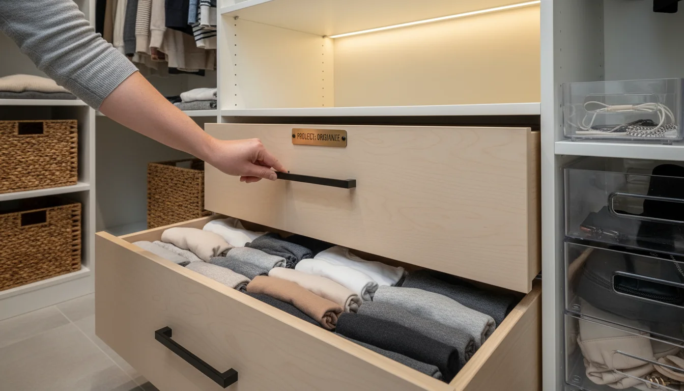 A mid-level view of a hand attaching a matte black drawer pull to a light wood closet drawer. A small framed photo and a labeled woven basket are on a