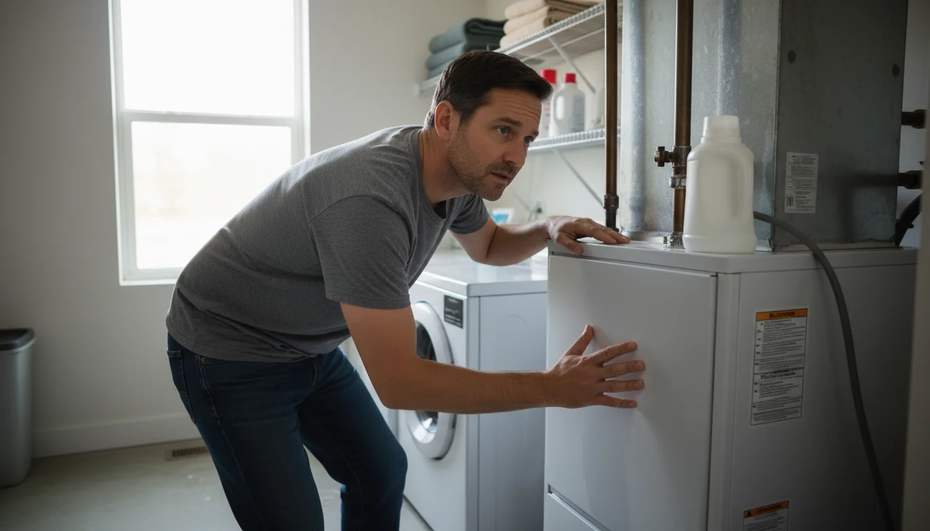 Mid-40s man leans in to listen to his home furnace with a concerned expression, hand on the unit, checking for issues.