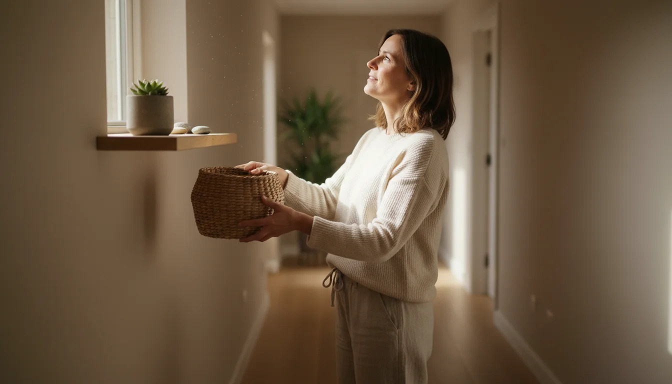 A mid-30s person in casual clothes, standing in a sunlit hallway, looking up with a satisfied expression at a newly mounted wooden shelf while holding