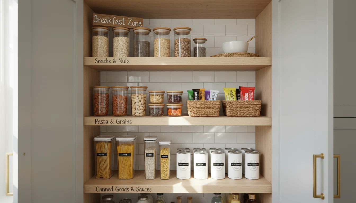 Mid-shot of a well-organized pantry cabinet, showing clearly defined breakfast and baking zones with labeled, practical containers.