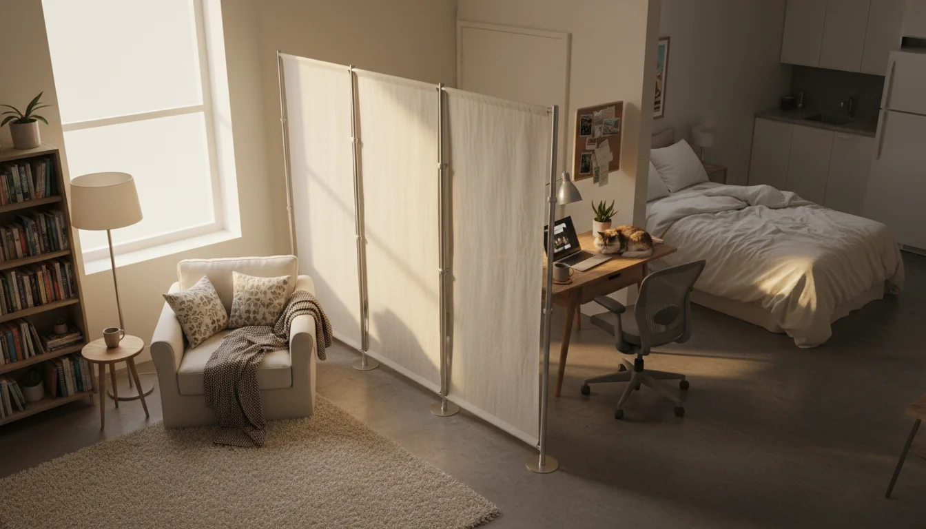 A minimalist, freestanding fabric room divider in a studio apartment separates a cozy reading nook from a small desk area.
